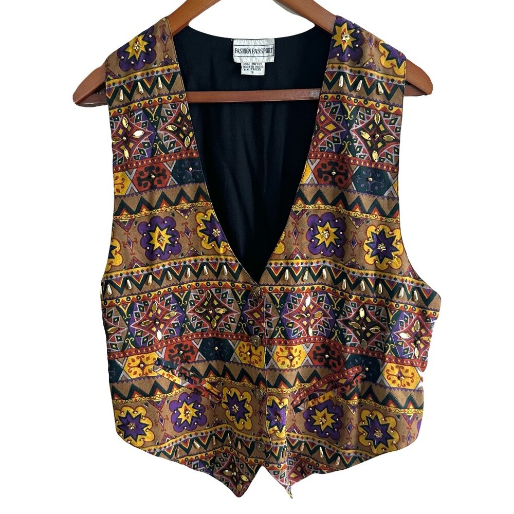 Fashion Passport Vintage 90s Beaded Print Yellow Vest